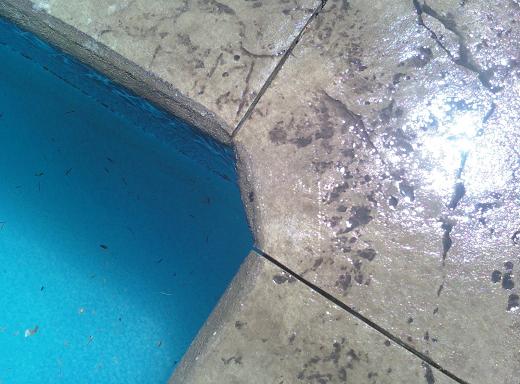 Close up detail of stamped cantilever concrete on a vinyl liner swimming pool.